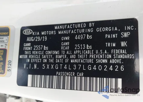 2020 Kia Optima Lx из США, поврежденный, VIN 5XXGT4L37LG402426